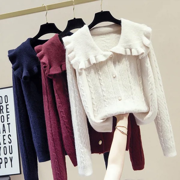 Японский милый осенне-зимний свитер для женщин, повседневная однотонная одежда с длинным рукавом, кардиган, женские вязаные топы, женский с...