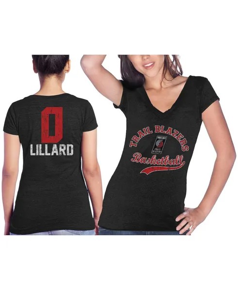 Женские нитки Damian Lillard Black Portland Trail Blazers Футболка Tri-Blend с v-образным вырезом имени и номера Majestic, черный