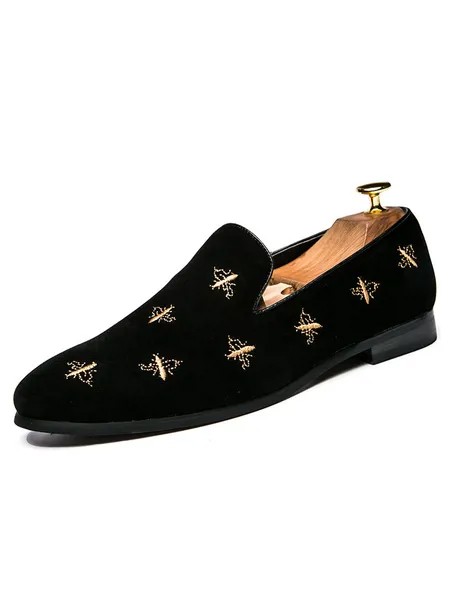 Milanoo Mens Black Suede Slip On Loafers Embroidered