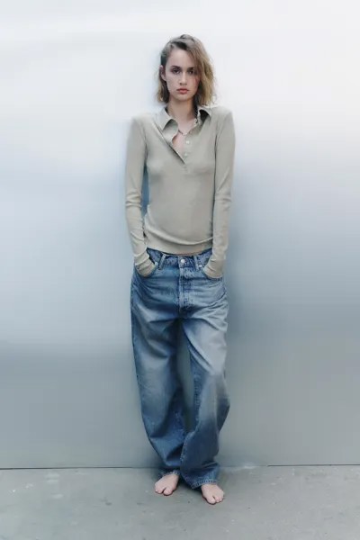 Футболка поло с металлическим воротником ZARA, золотой