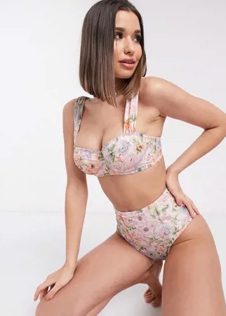 Плавки бикини с завышенной талией и цветочным принтом ASOS DESIGN-Многоцветный