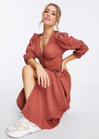 Фактурное чайное платье миди рыжего цвета на пуговицах ASOS DESIGN-Коричневый цвет