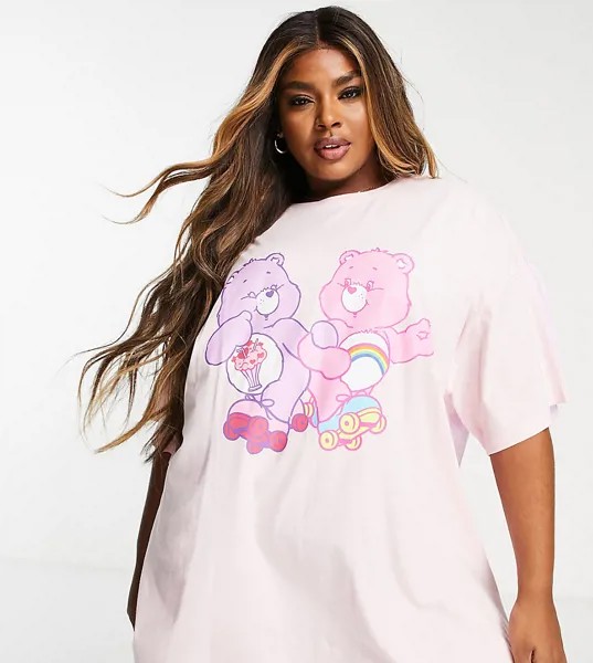 Сиренево-розовая двусторонняя футболка от пижамного комплекта с принтом в виде танцующих «Заботливых мишек» ASOS DESIGN Curve-Разноцветный