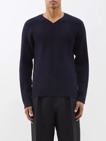 Хлопковый свитер вязки в рубчик tomas с v-образным вырезом The Row, синий