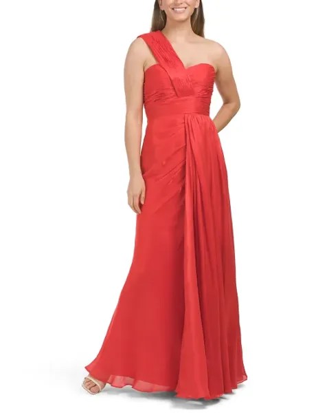 Плиссированное платье на одно плечо Badgley Mischka, цвет Poppy