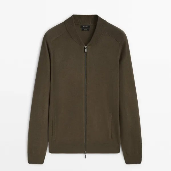 Кардиган Massimo Dutti Wool And Cotton Blend Knit Zip-up, хаки