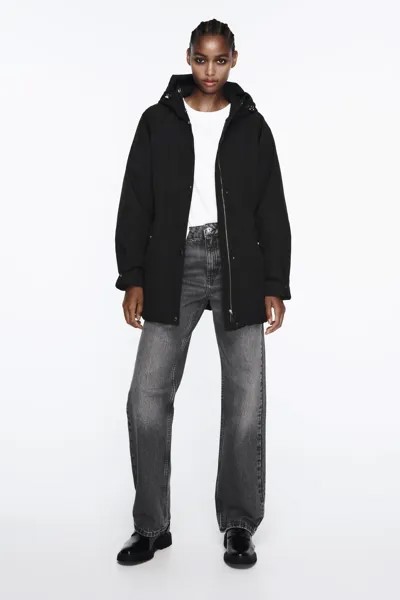 Стеганая парка с капюшоном ZARA, черный