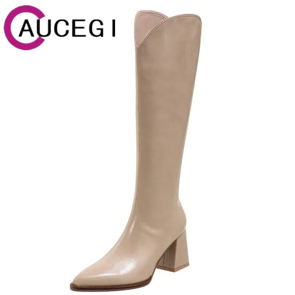 Женские кожаные сапоги до колена Aucegi, высокие сапоги абрикосового цвета на толстом каблуке, с острым носком, на молнии, в западном стиле, Осе...