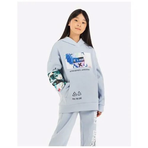 Голубое худи oversize с аниме-принтом для девочки Gloria Jeans, размер 10-12л/146-152