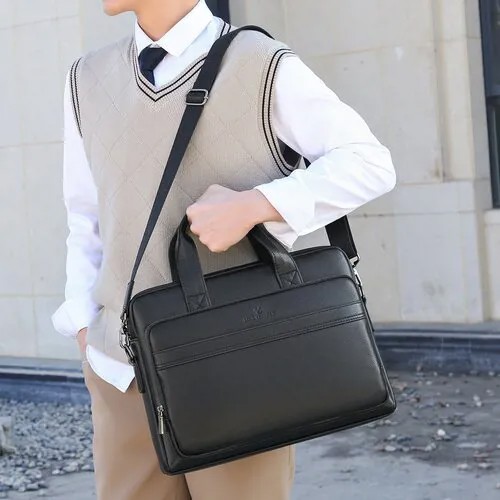 Деловая мужская сумка портфель Loui Vearner черная/ Портфель мужской для документов А4 /для ноутбука /через плечо