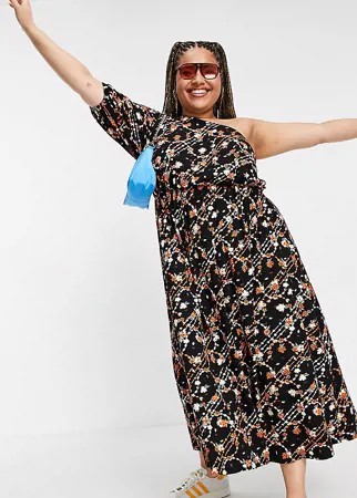 Ярусное платье макси на одно плечо с цветочным принтом в стиле 70-х ASOS DESIGN Curve-Multi
