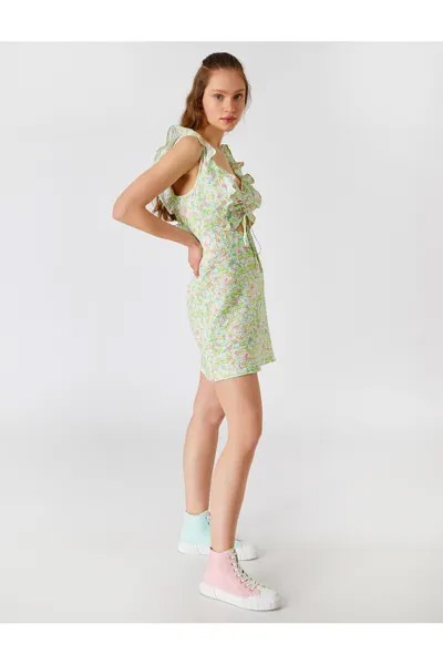 Мини-платье с цветочным принтом и сборками без рукавов и рюшами Koton, зеленый