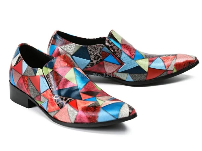 Разноцветные мужские туфли на плоской подошве с геометрическим рисунком, удобные кожаные туфли с острым носком для вечеринок, модные Лофер...