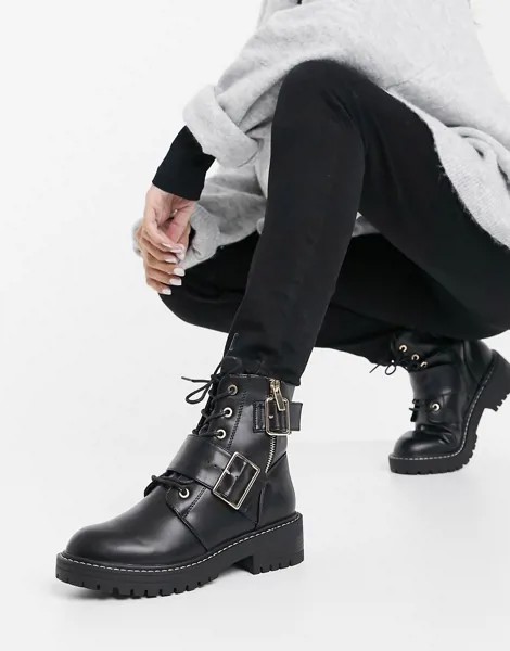 Черные ботинки с пряжками на шнуровке и плоской массивной подошве New Look-Черный цвет