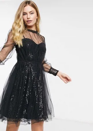 Черное мини-платье с пайетками и верхом из сетки Forever U-Черный