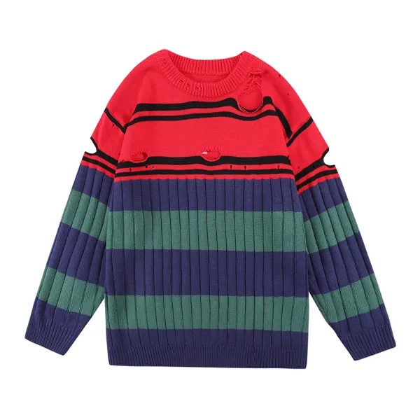 Повседневные мужские и женские свитера контрастных цветов в полоску с дырками, Ретро Уличная одежда, мешковатый пуловер большого размера, о...