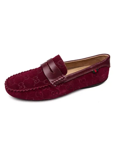 Milanoo Men Loafer Shoes Slip-On Monk Strap Geometric Round Toe Suede Leather Low-Top Burgundy Casua