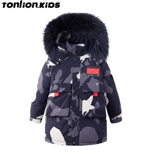 Детский свободный тёмный пуховик с капюшоном TON LION, утепленная теплая зимняя одежда средней длины для мальчиков