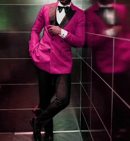 Мужские смокинги для жениха с двубортным узором, ярко-розовые и черные, мужские костюмы с пиковыми лацканами (пиджак + брюки + жилет + галстук-бабочка) D306