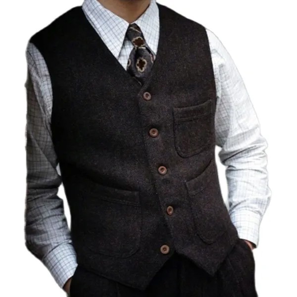Мужской твидовый пиджак в стиле сафари, элегантный классический облегающий свадебный жилет в викторианском стиле черного и коричневого цвета, дизайнерский винтажный жилет для жениха