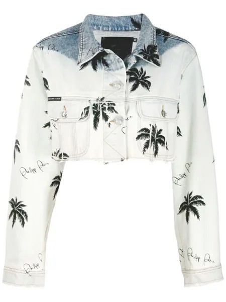 Philipp Plein укороченная джинсовая куртка с принтом Paradise, синий