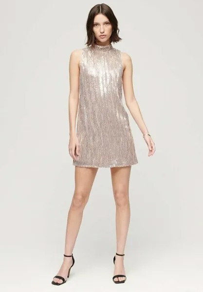 Элегантное платье SLEEVELESS SEQUIN A LINE MINI Superdry, жатая пайетка шампанского