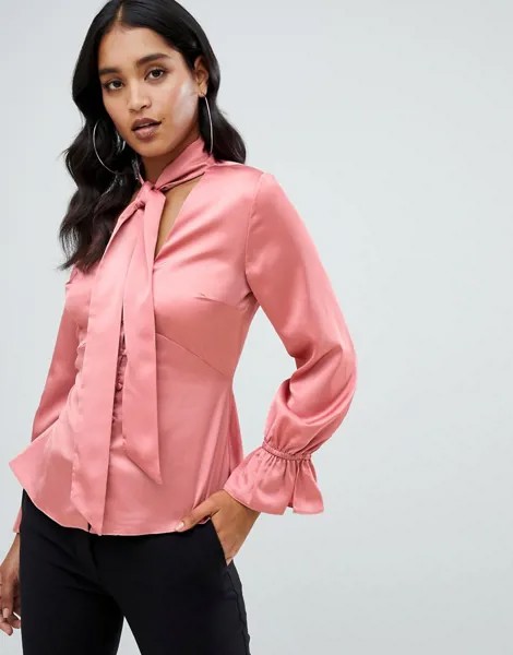 Розовая блузка на пуговицах с атласным бантом Lipsy-Розовый