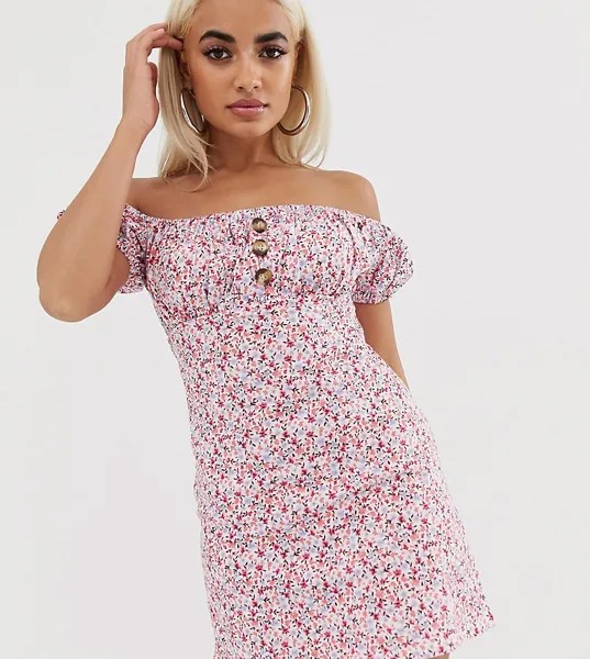 Сарафан мини с цветочным принтом и открытыми плечами ASOS DESIGN Petite-Мульти