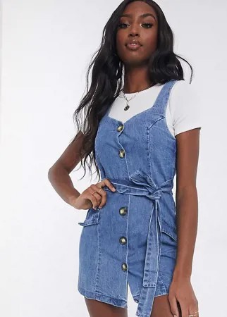 Синий джинсовый сарафан мини на пуговицах ASOS DESIGN Tall