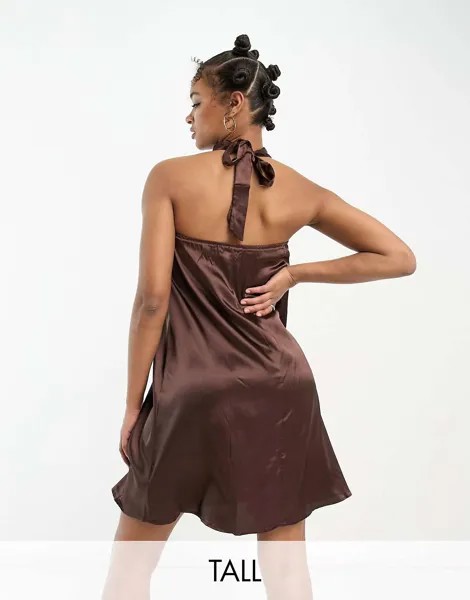 Шоколадно-коричневое мини-платье из атласа с высоким воротником Urban Threads Urban Threads