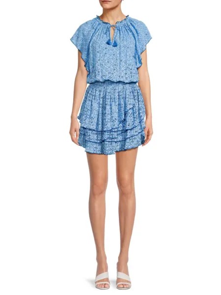 Мини-платье со сборками и геометрическим рисунком Poupette St Barth, цвет Blue Mirror