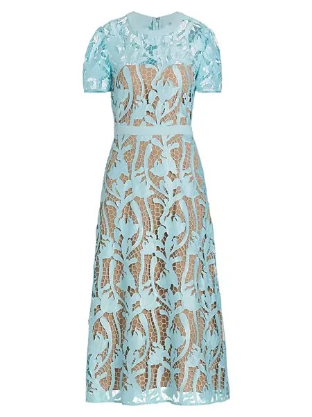 Кружевное платье-миди с короткими рукавами Self-Portrait, синий