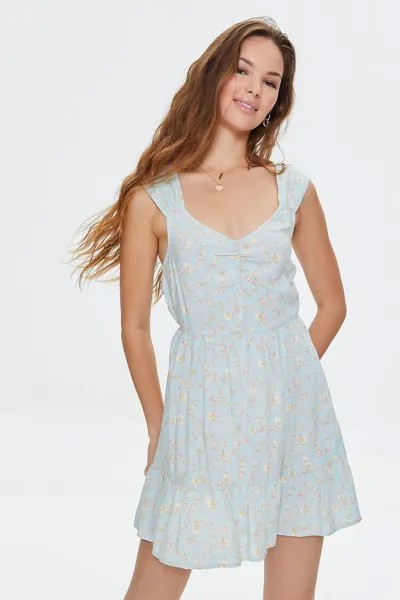 Мини-платье с цветочным принтом и вырезами Forever 21, бирюзовый