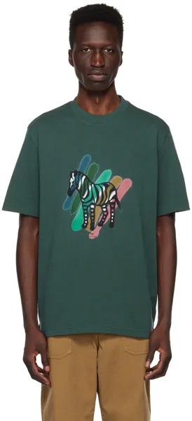 Зеленая футболка в широкую полоску с изображением зебры PS by Paul Smith