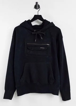 Черный oversized-худи с карманами в утилитарном стиле и с эффектом кислотной стирки Liquor N Poker-Черный цвет