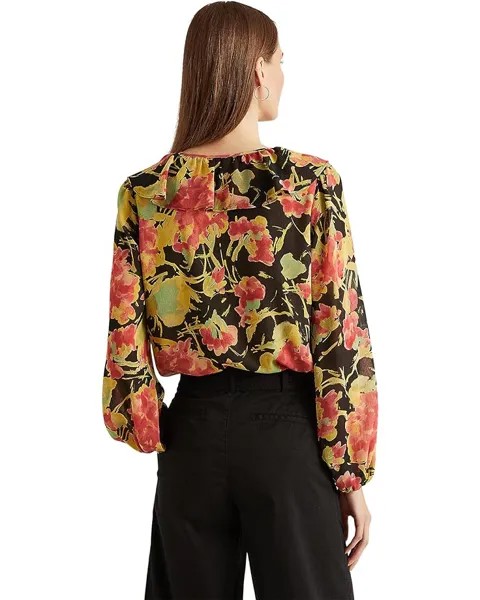 Блуза LAUREN Ralph Lauren Floral Crinkle Georgette Blouse, черный мульти