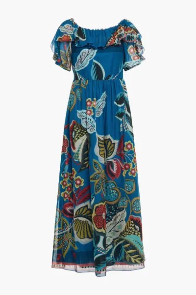 Жаккардовое платье миди с принтом и оборками Redvalentino, цвет морской волны