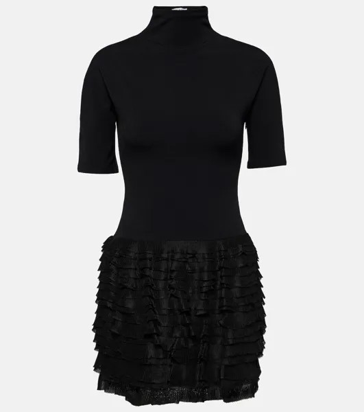 Мини-Платье из джерси с высоким воротником и оборками Alaïa, черный