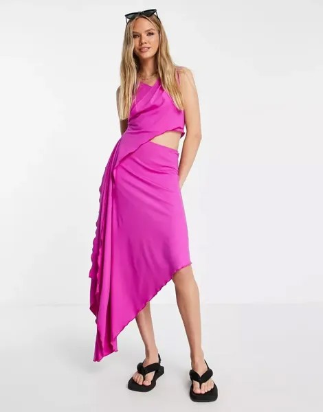 Пурпурное асимметричное платье миди из джерси с рюшами по низу и вырезом Topshop