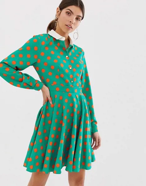 Приталенное платье-рубашка с расклешенной юбкой Closet-Зеленый