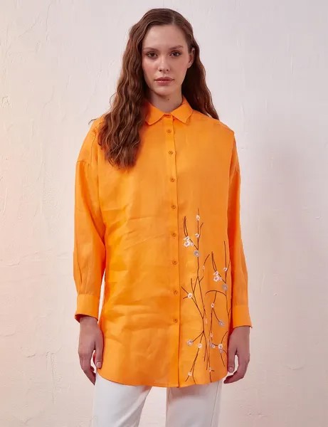Льняная туника с открытыми плечами с вышивкой персикового цвета Kayra