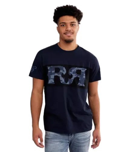 Синяя футболка с цветными блоками и камуфляжным принтом Rock Revival