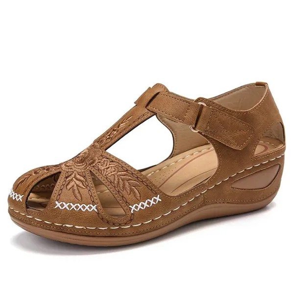 Лето Мягкие римские сандалии Velcro Женская обувь Большой размер Клинья Обувь Нескользящая Повседневная обувь Мать Женщины Сандалии