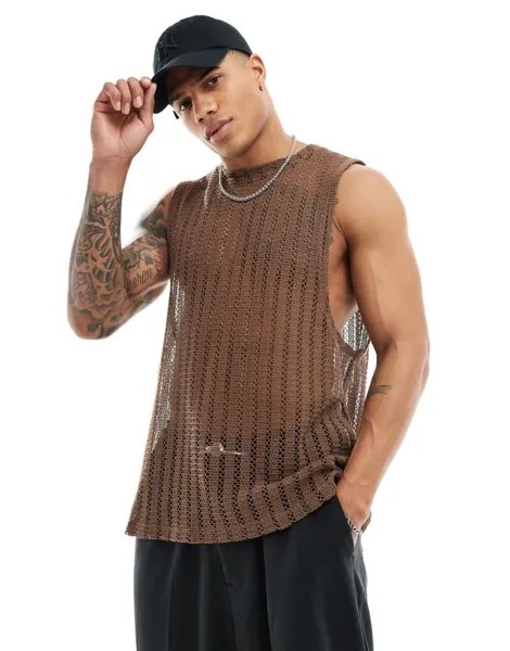 Свободная коричневая майка ASOS DESIGN, связанная крючком