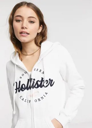 Худи белого цвета на сквозной молнии с логотипом спереди Hollister-Белый