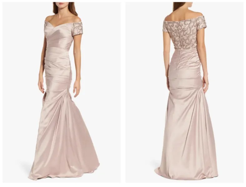 LA FEMME Платье русалки цвета шампанского со спинкой и открытыми плечами и рюшами из креп-атласа 4
