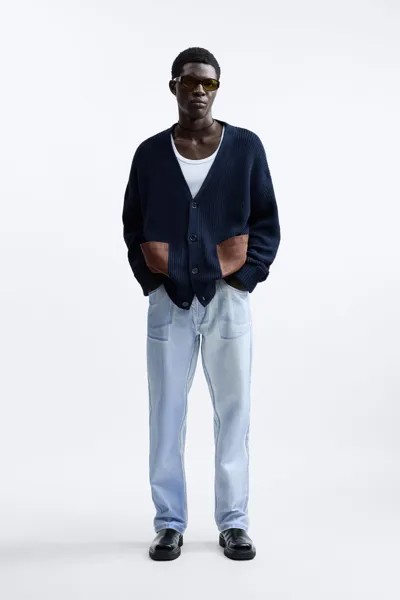 Кардиган с кожаными карманами ZARA, синий