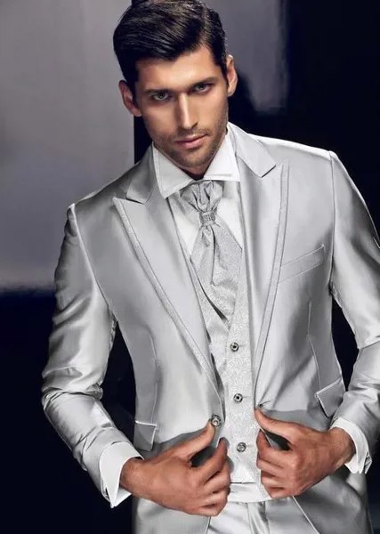 Последний дизайн пальто брюки Итальянский Серебряный атласный Мужской Костюм приталенный смокинг 3 шт на заказ классический блейзер для вы...