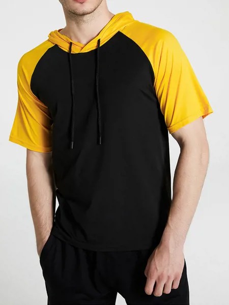 Мужская повседневная черно-белая спортивная футболка с короткими рукавами реглан и капюшоном в стиле пэчворк