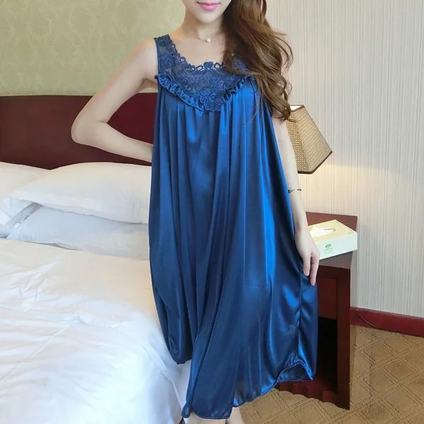 Дамы Чистый цвет Сексуальный Лед Шелк Сатин Nightgowns Baggy Случайные sleeveless Sleepwear Длинное платье